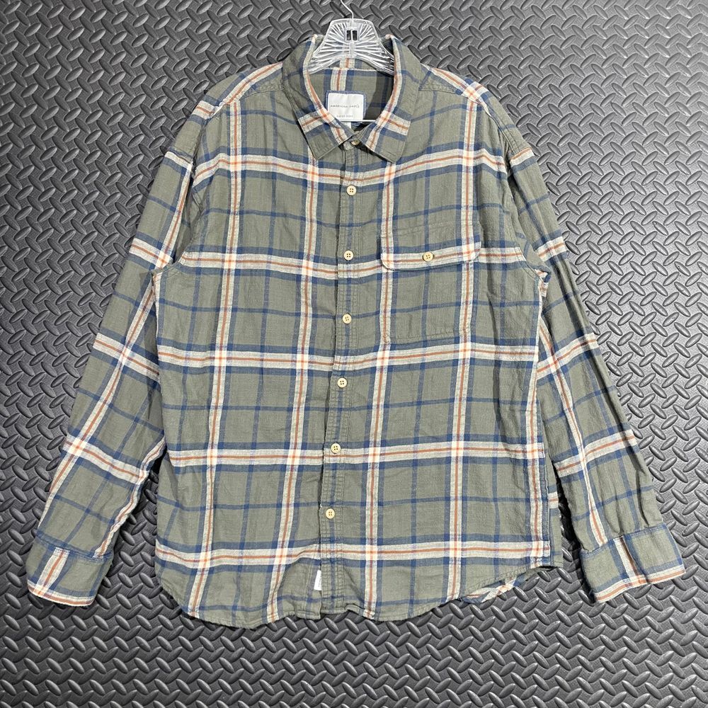 American Eagle Olive Green Super Soft Plaid Button Up Flannel Shirt Men's Size L